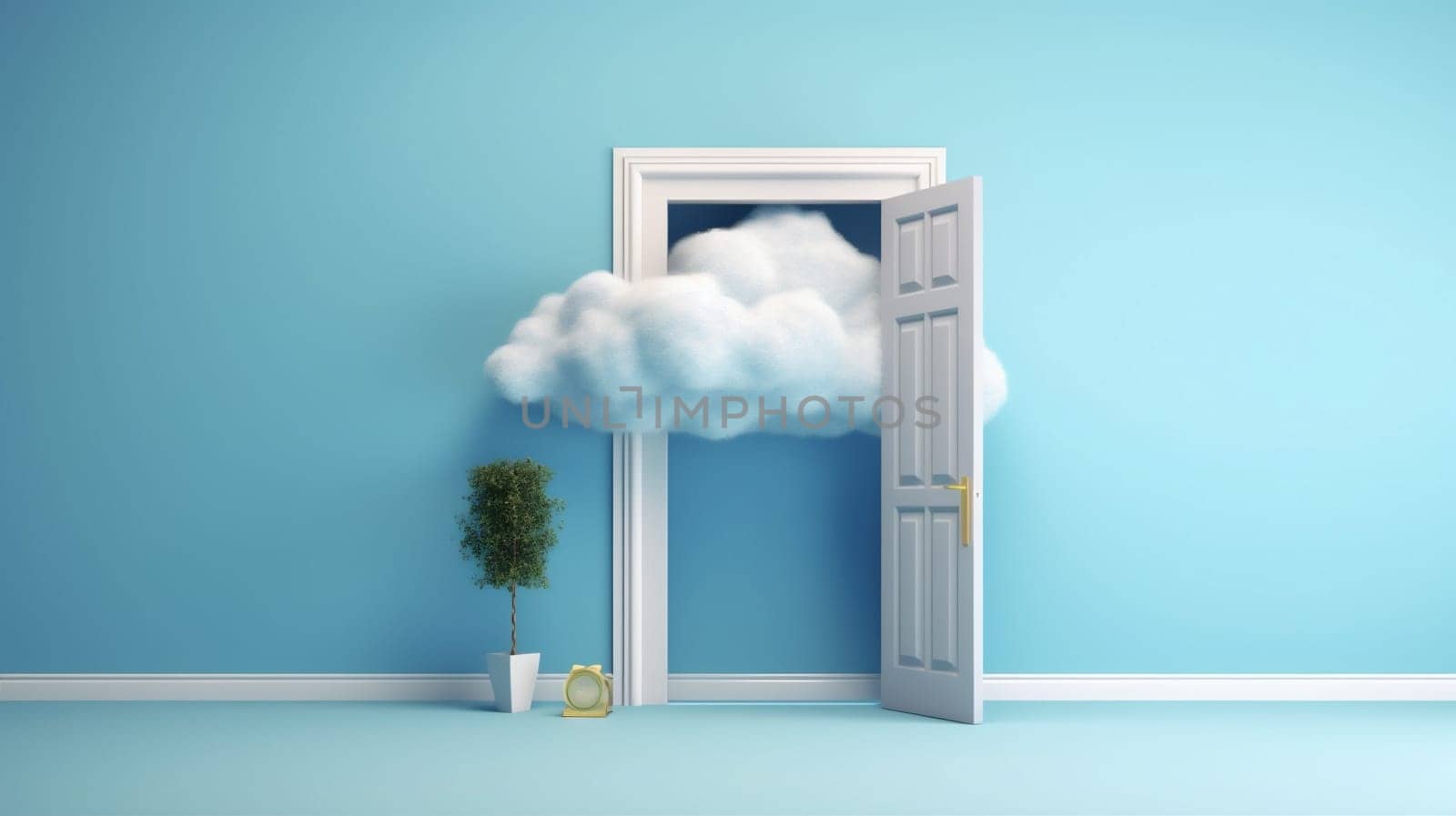 pedestal blue cylinder door stage room cloud abstract minimal showcase. Generative AI. by Vichizh