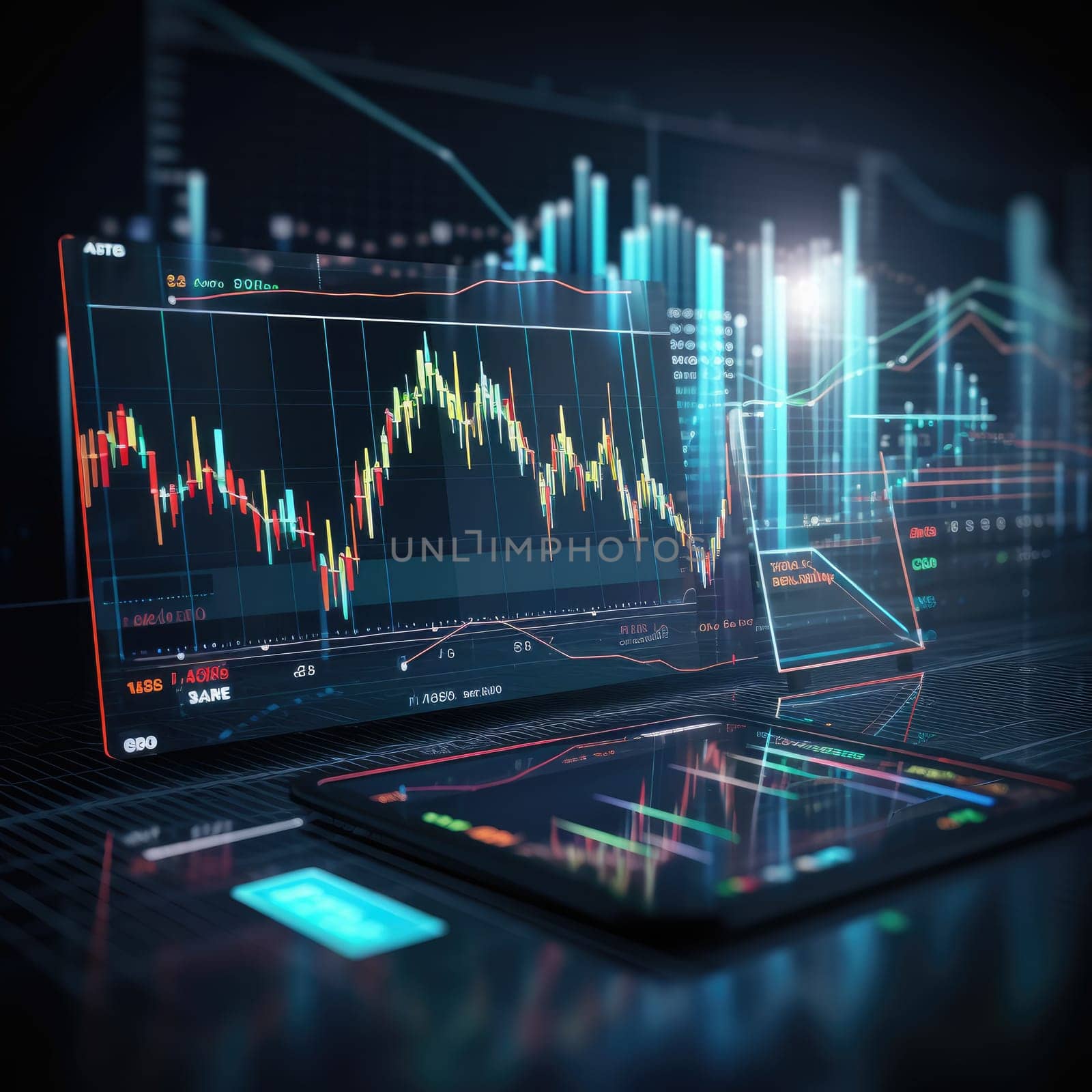 Business finance and stock market chart with flat line ar interface, ux ui. Generative AI by itchaznong