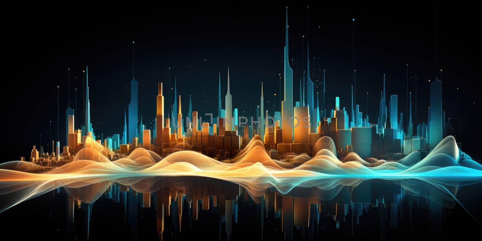 Abstract night cityscape background. Smart city, ai and digital transformation concept. Generative AI.