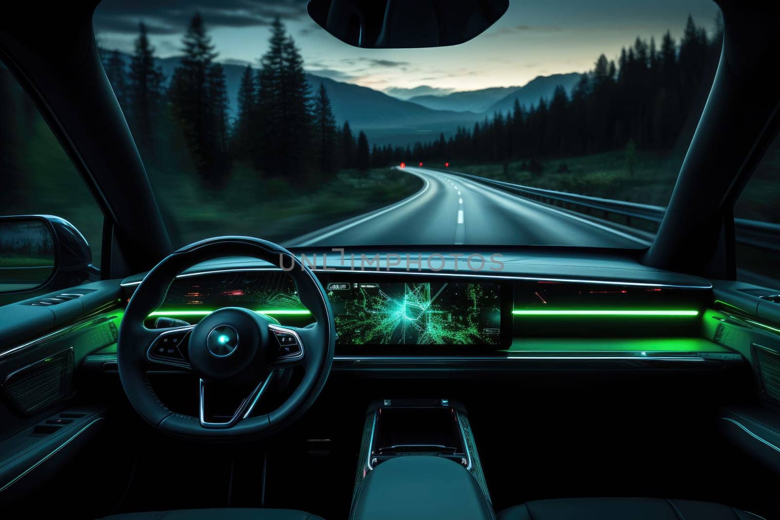 Car Cockpit HUD technology using AI artificial intelligence sensor to drive car without people driver. Generative AI.