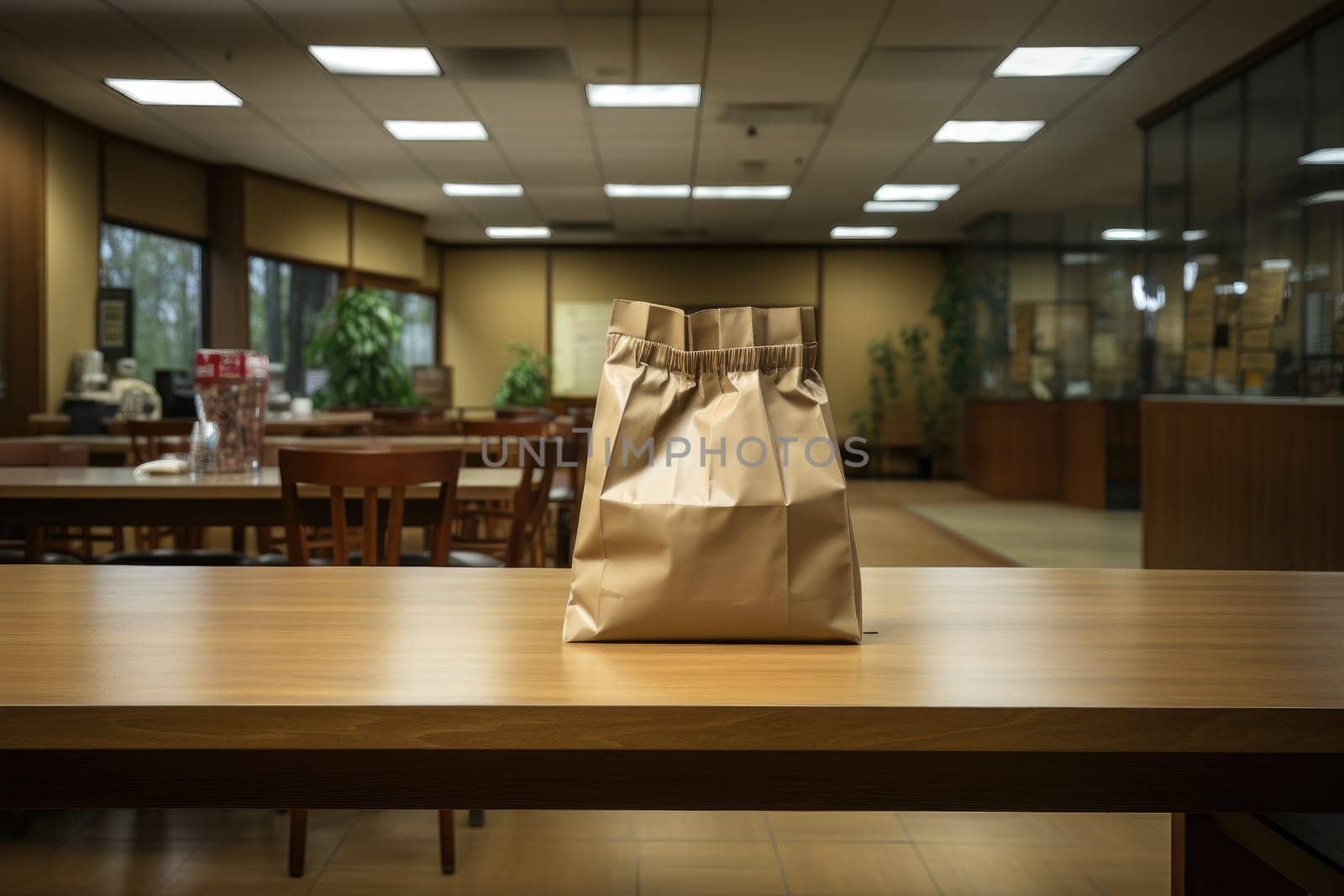 Paper bag on the desk with shopping mall background. black friday concept. Generative AI.