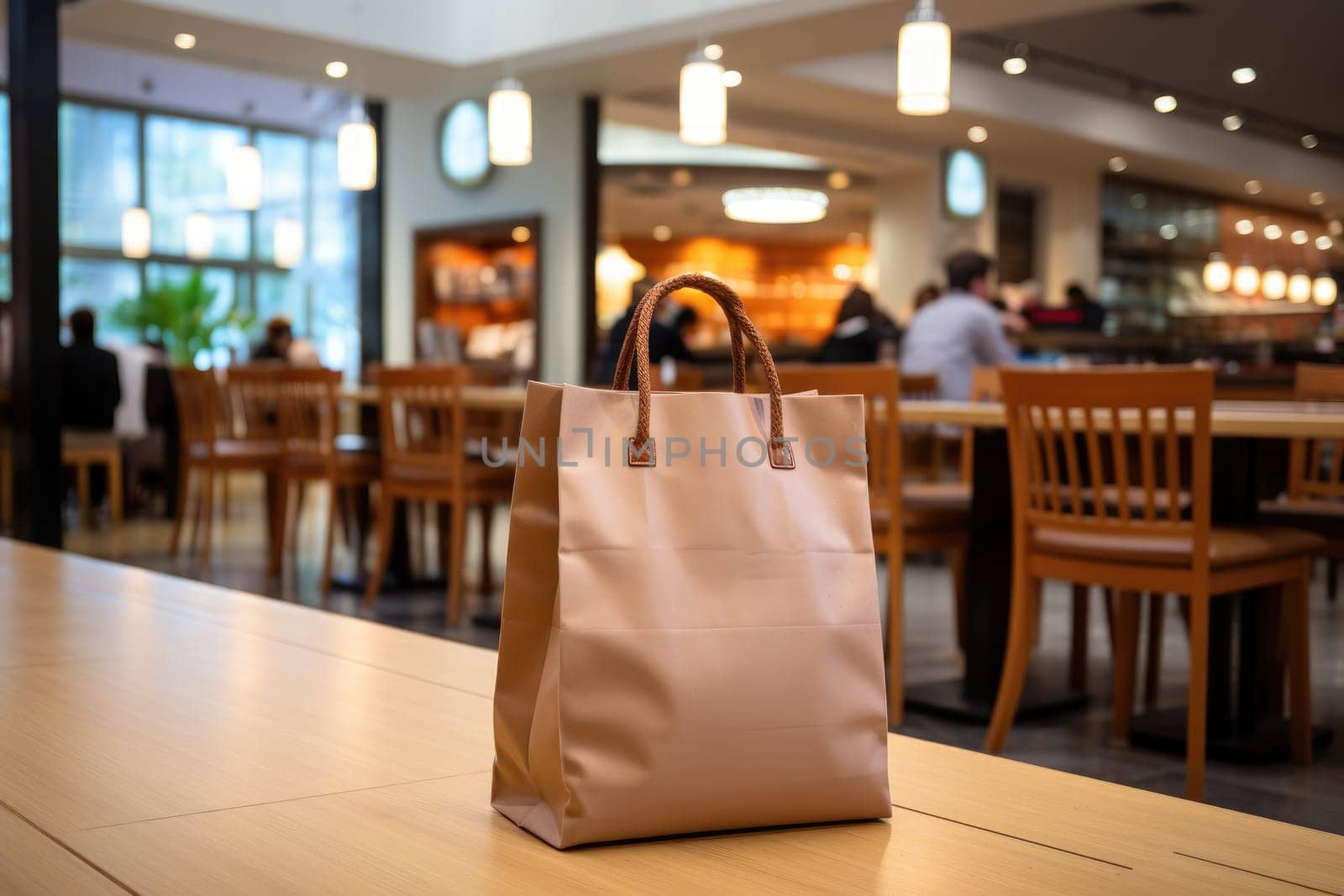 Paper bag on the desk with shopping mall background. black friday concept. Generative AI.