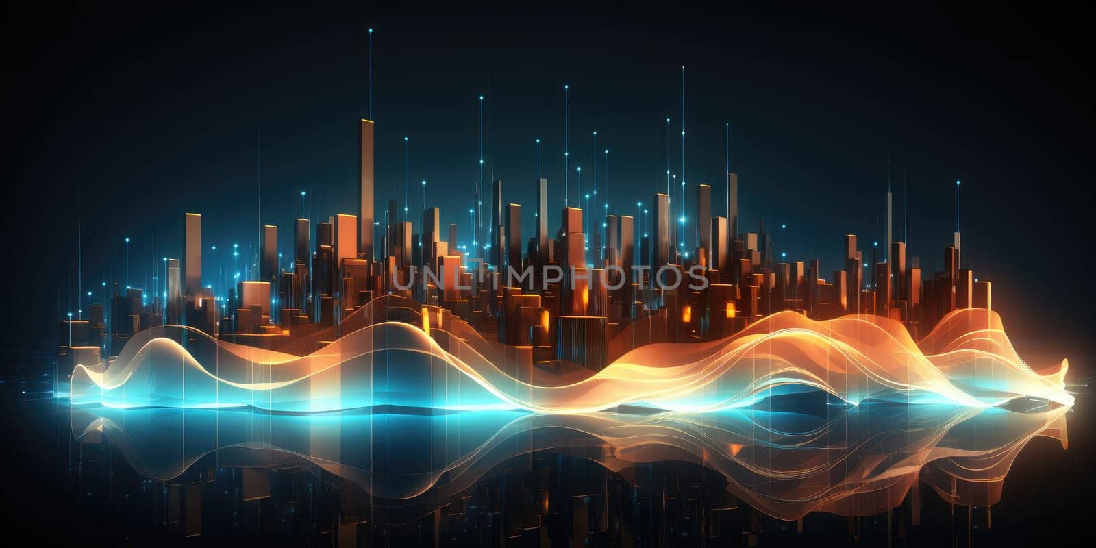 Abstract night cityscape background. Smart city, ai and digital transformation concept. Generative AI.