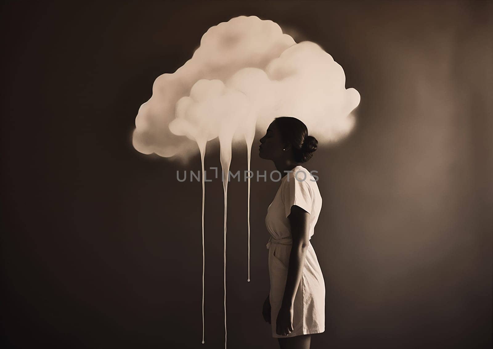 woman man creative adult cloud dramatic idea black poster dream concept surreal. Generative AI. by Vichizh