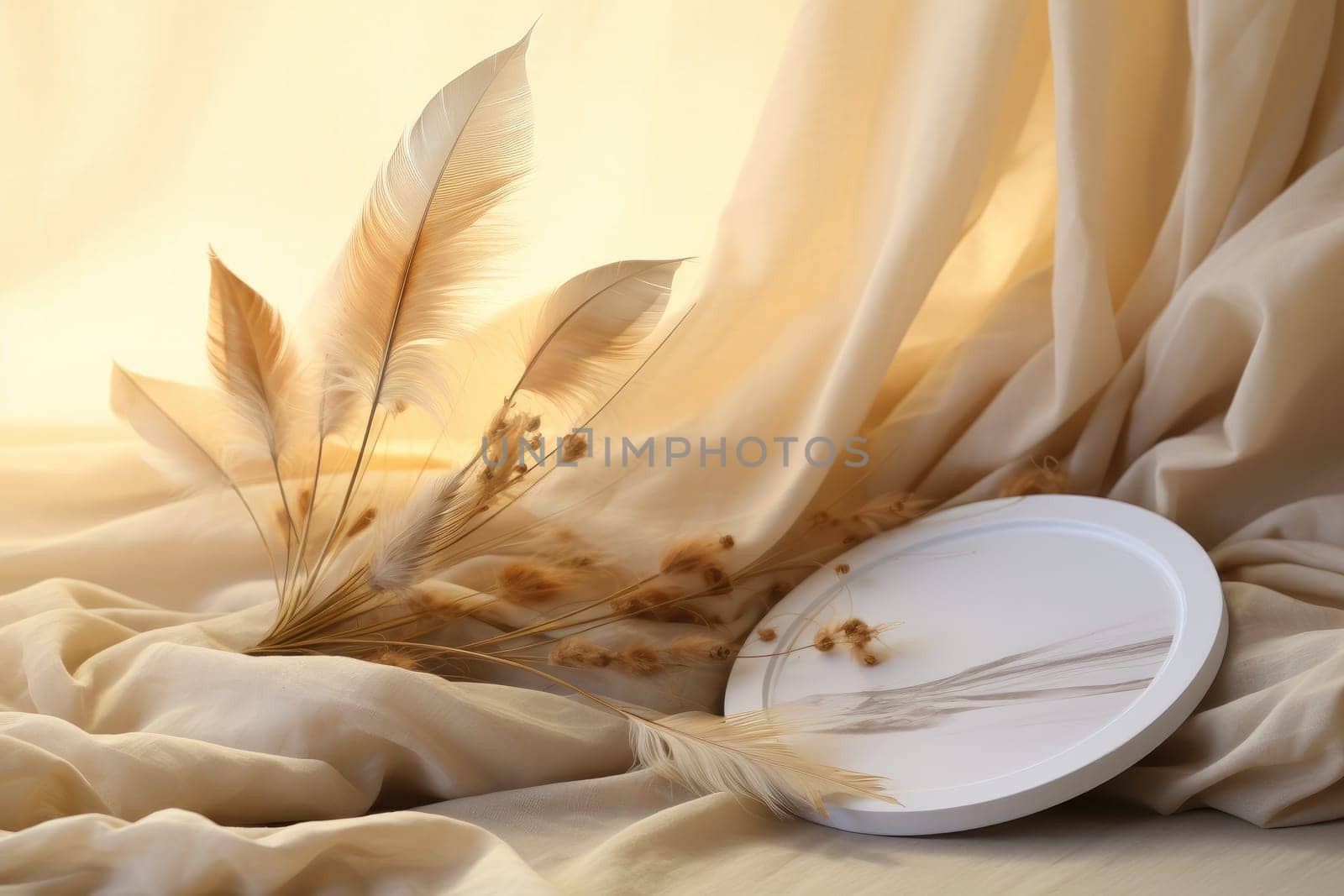 Empty Plate on soft silk. organic background. Generative AI.
