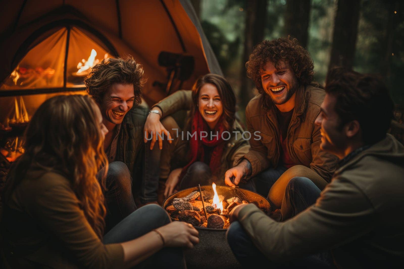 Young people with friends relaxing around campfire. Generative AI by itchaznong