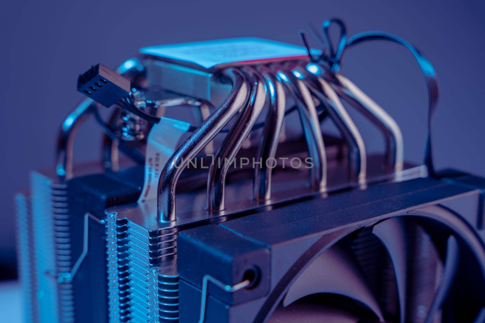 Computer fan. modern powerful cooler for cooling the CPU. Processor cooling system. concept of PC hardware. Air cooler of a personal computer processor close-up. Copy space