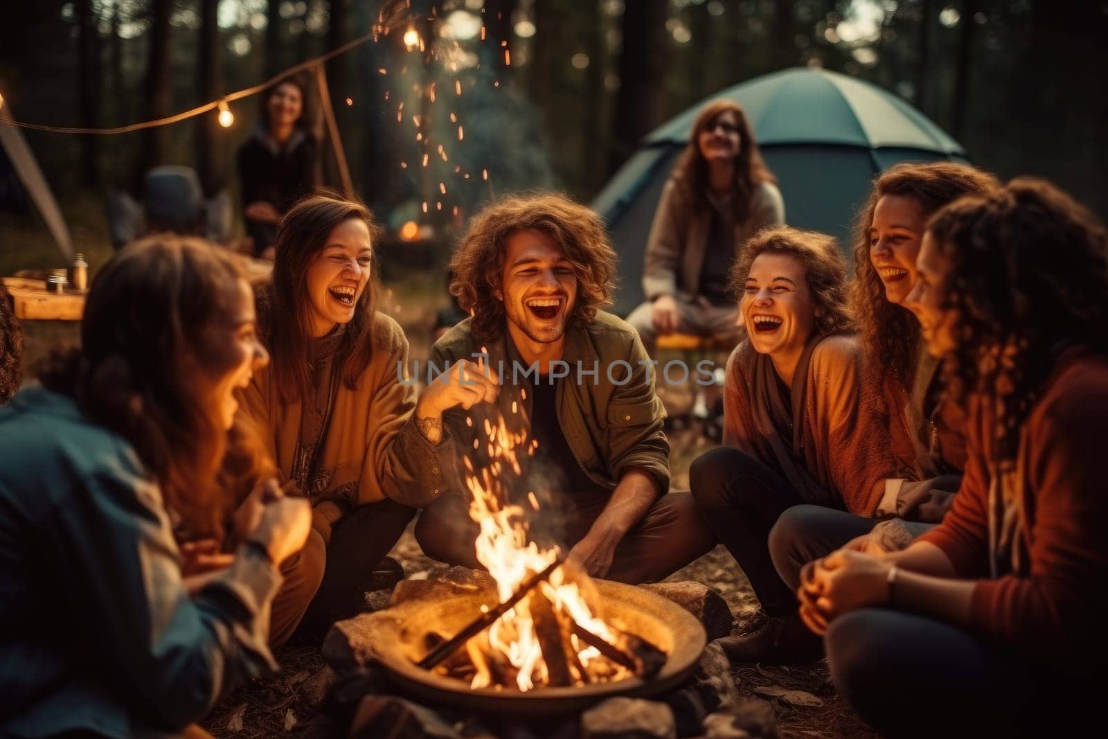 Young people with friends relaxing around campfire. Generative AI by itchaznong