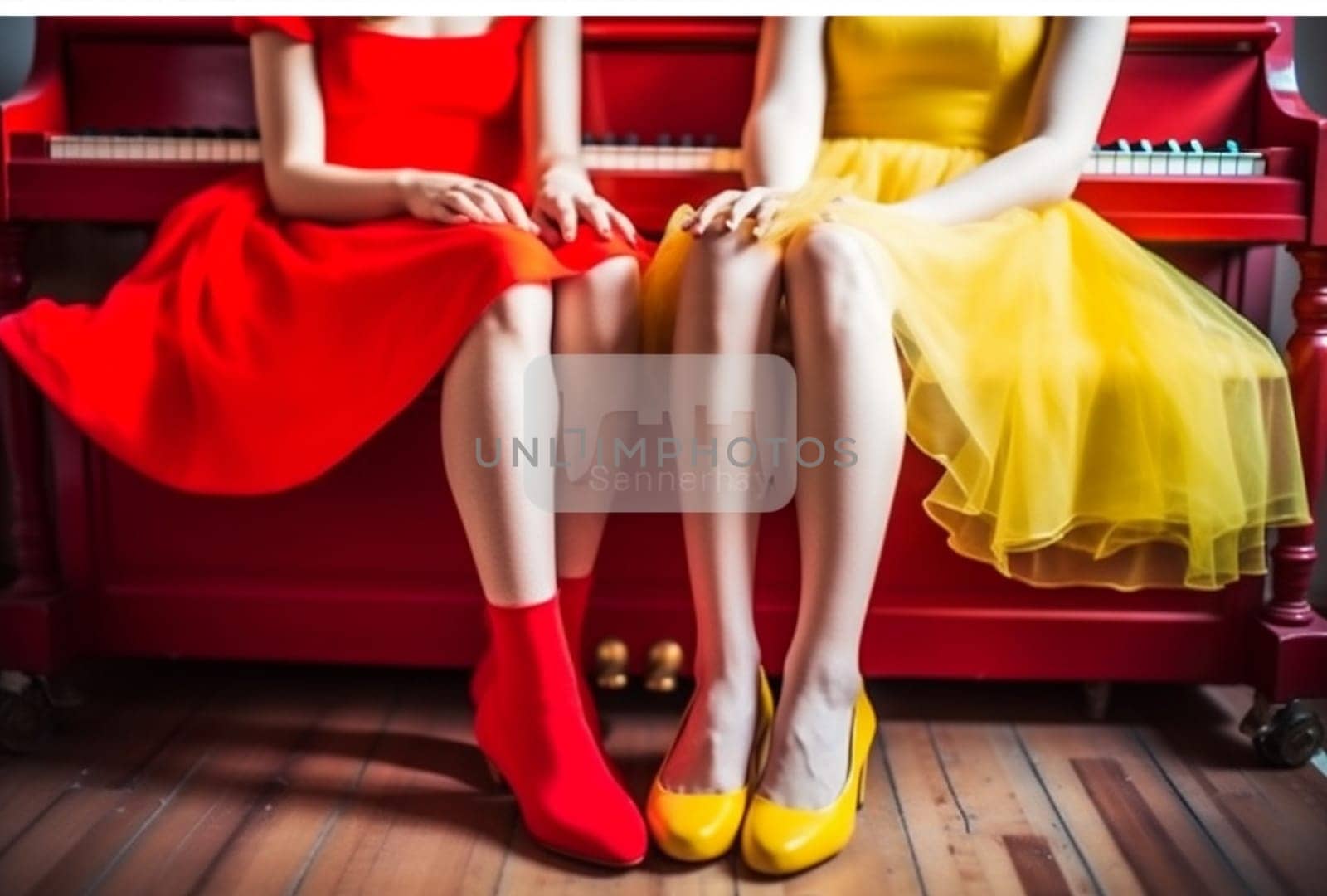 young woman concert attractive instrument red sexy style model keyboard female playing fashion pianist legs elegant colourful modern lady piano trend. Generative AI.