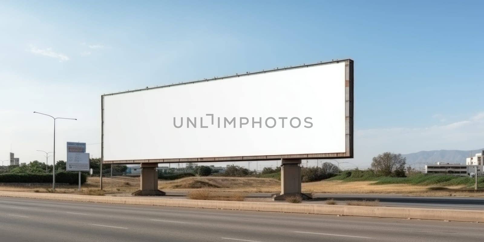 Empty white billboard signage advertising signs on the side of highway. Mockup advertisement concept. Generative ai.