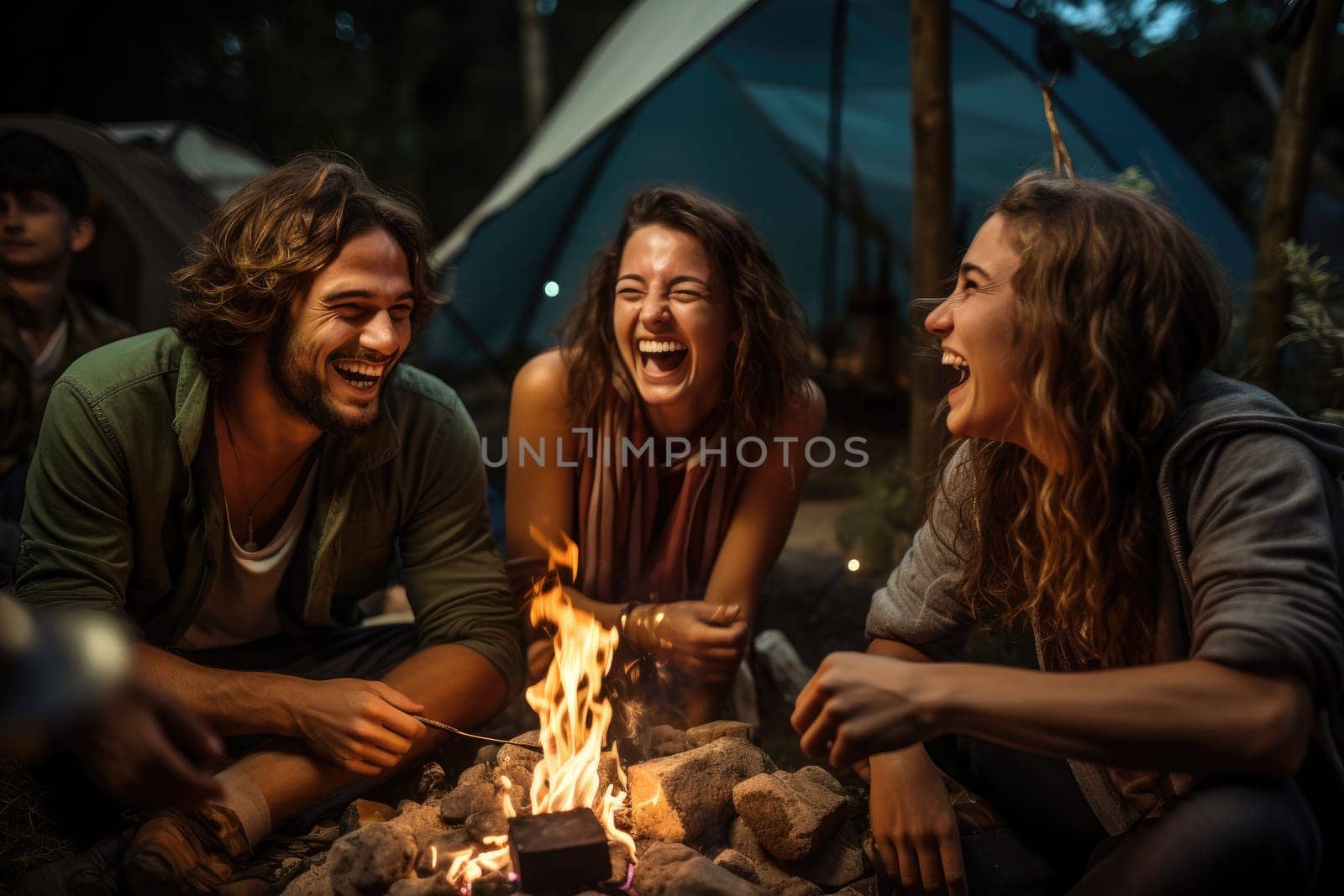 Young people with friends relaxing around campfire. Generative AI.