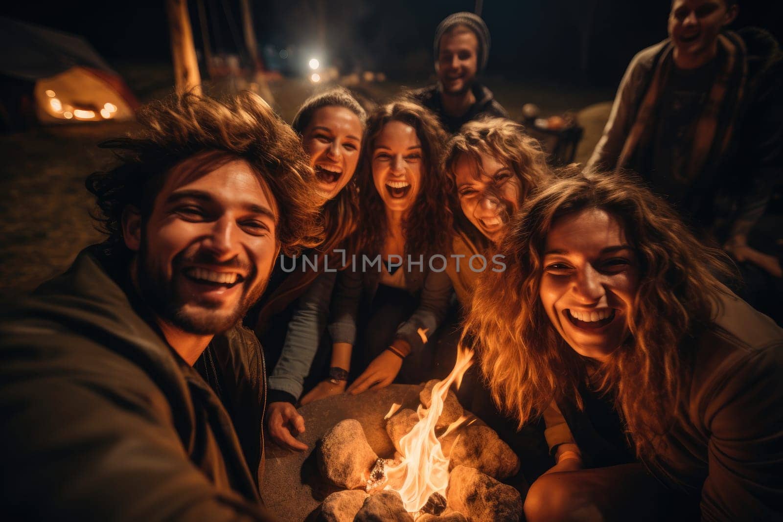 Young people with friends relaxing around campfire. Generative AI.