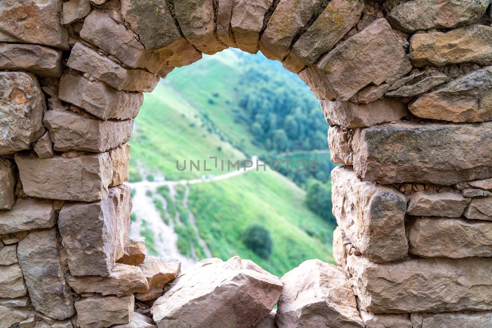 Dagestan Gamsutl. Ancient ghost town of Gamsutl old stone houses in abandoned Gamsutl mountain village in Dagestan, Abandoned etnic aul, summer landscape