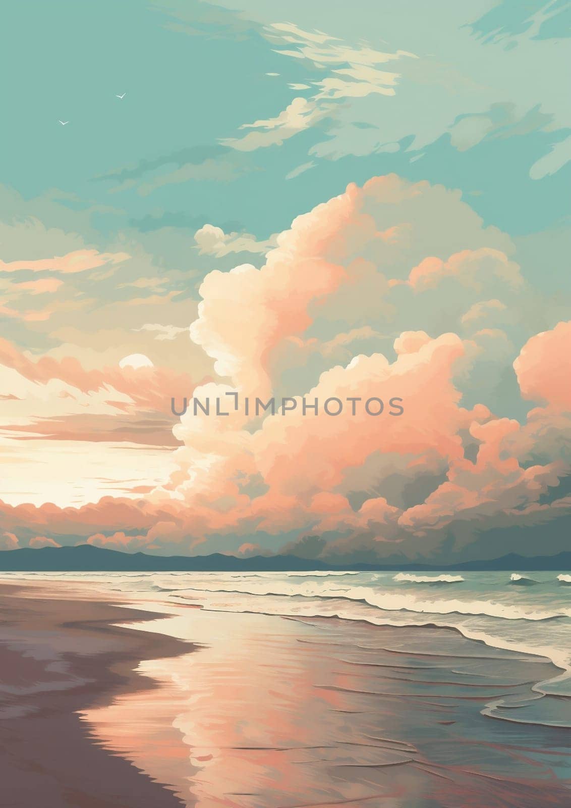 Coastline island water art sea background horizon illustration landscape sunrise beach vacation sun sky sunset seascape blue travel summer ocean coast cloud nature