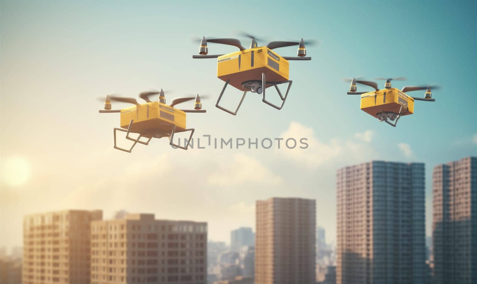 logistic innovation drone helicopter fly blue flying post shipment wireless air robot future box cargo industry fast aircraft technology delivery. Generative AI.