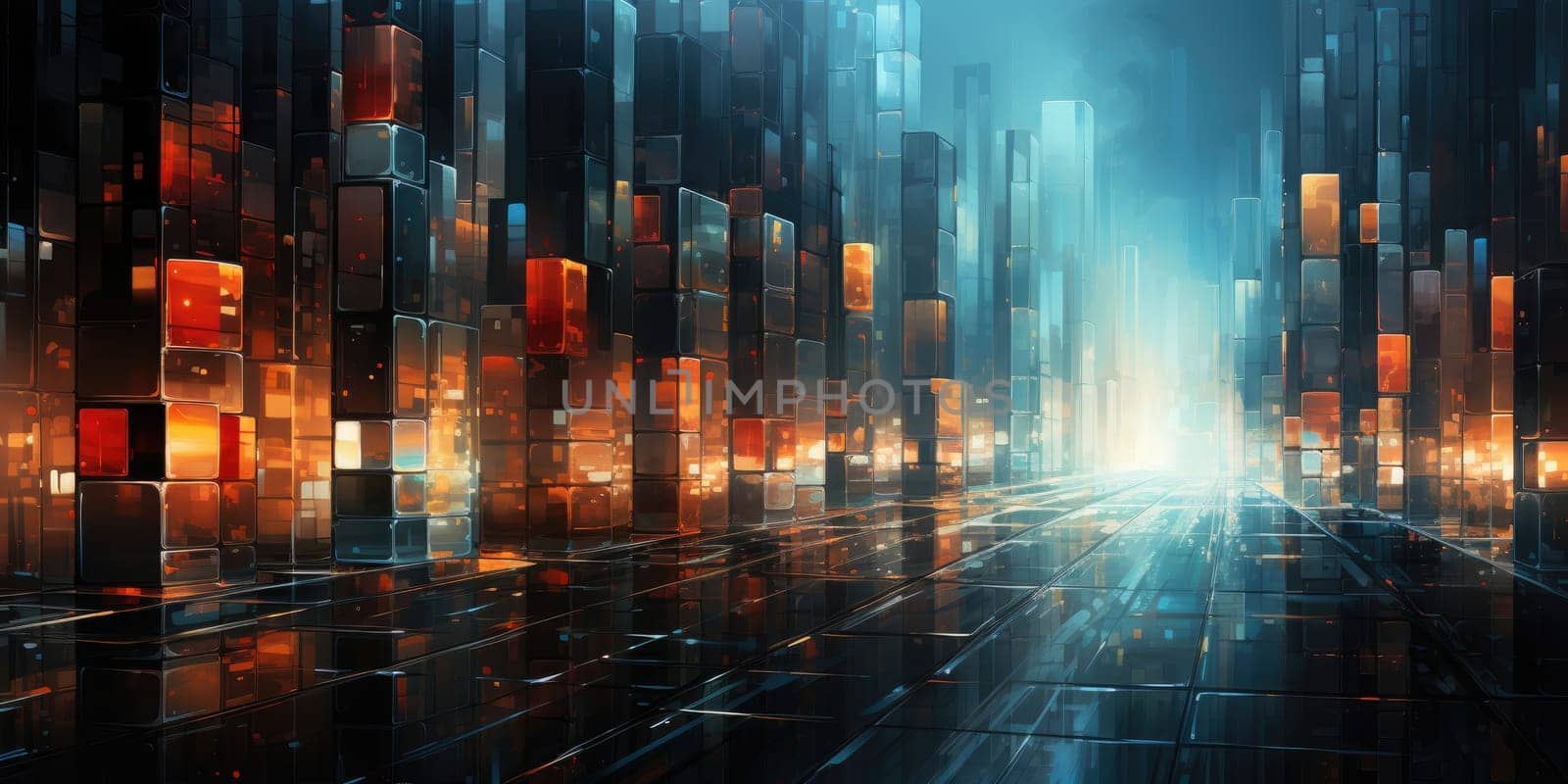 Abstract night cityscape background. Smart city, ai and digital transformation concept. Generative AI by itchaznong