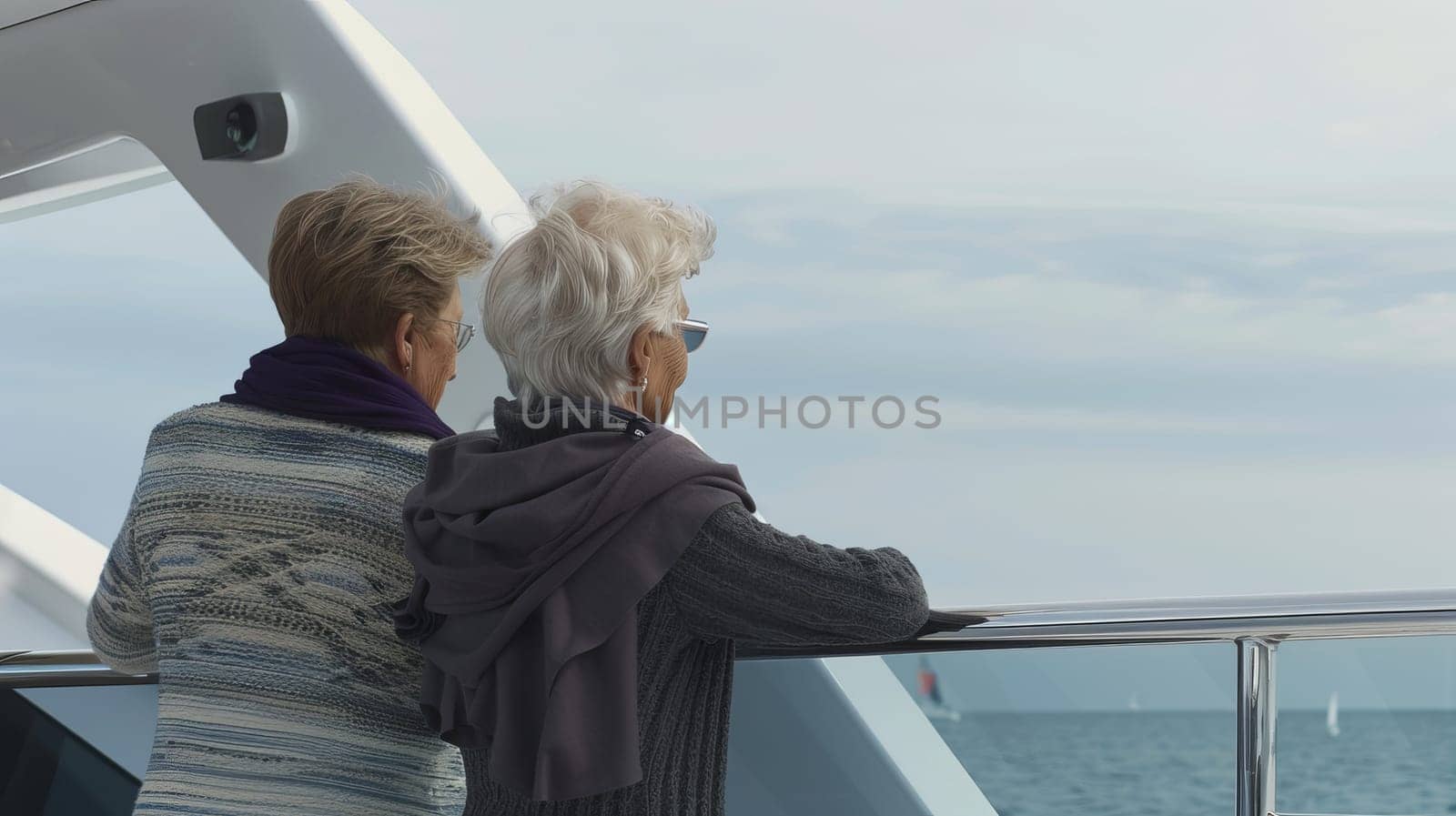 Elderly caucasian women enjoying scenic ocean view from boat.