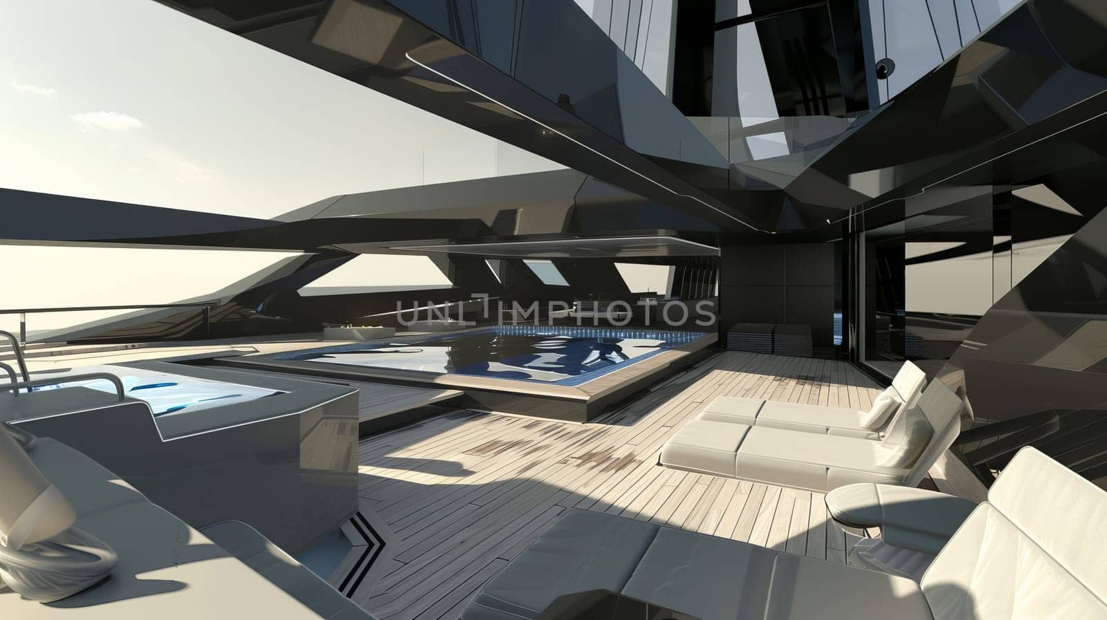 Luxurious modern yacht deck with jacuzzi and lounge chairs on sleek design vessel.