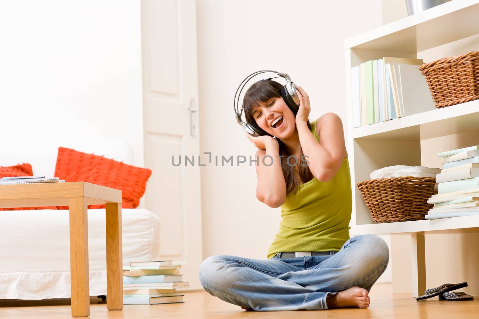 Teenager girl relax home - happy listen to music