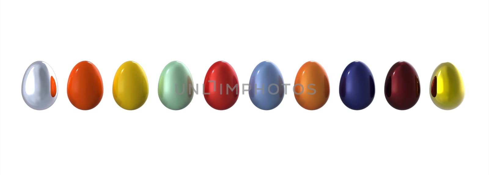Colored eggs in line on white