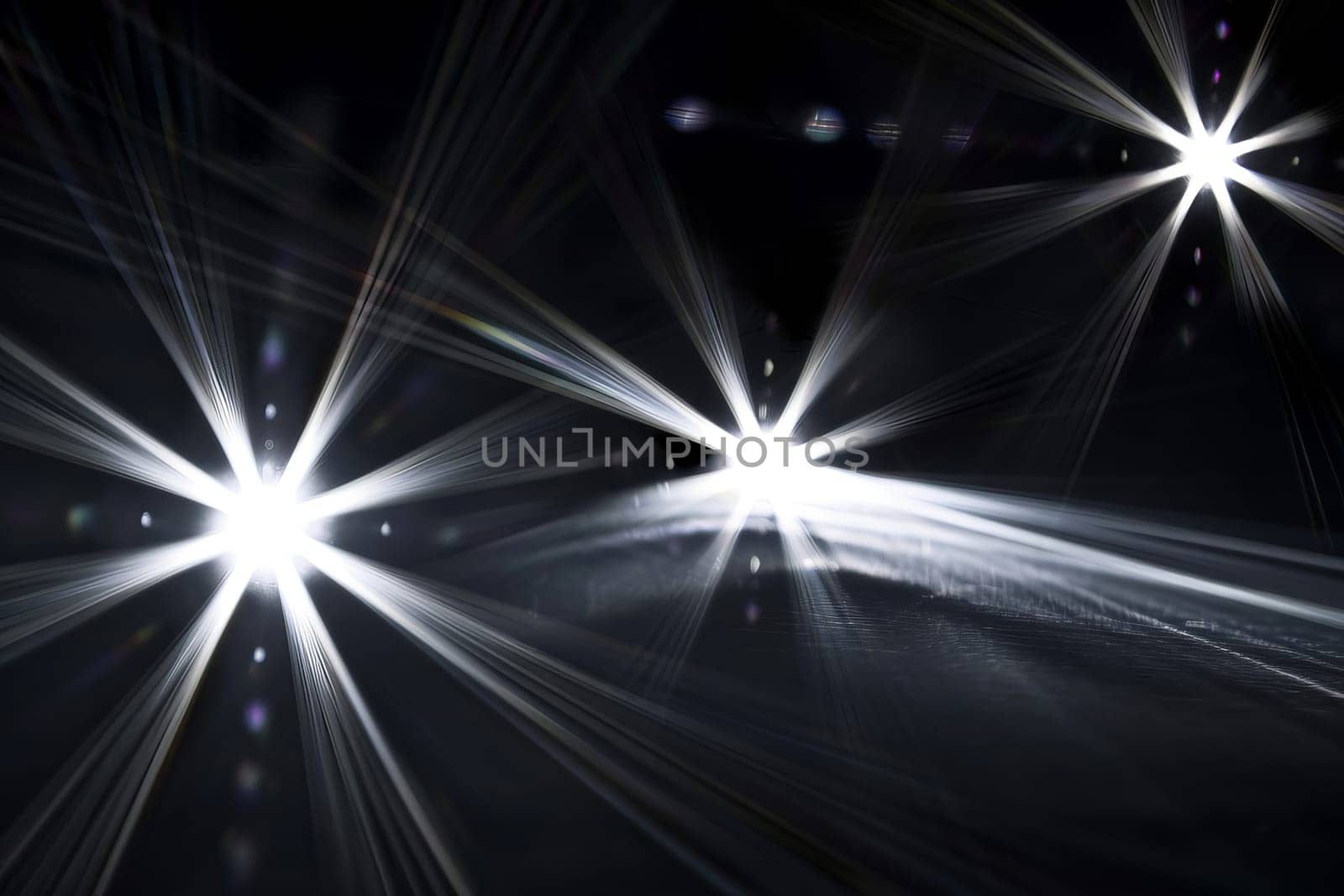 Bright headlights illuminating dark road at night with starburst effect.
