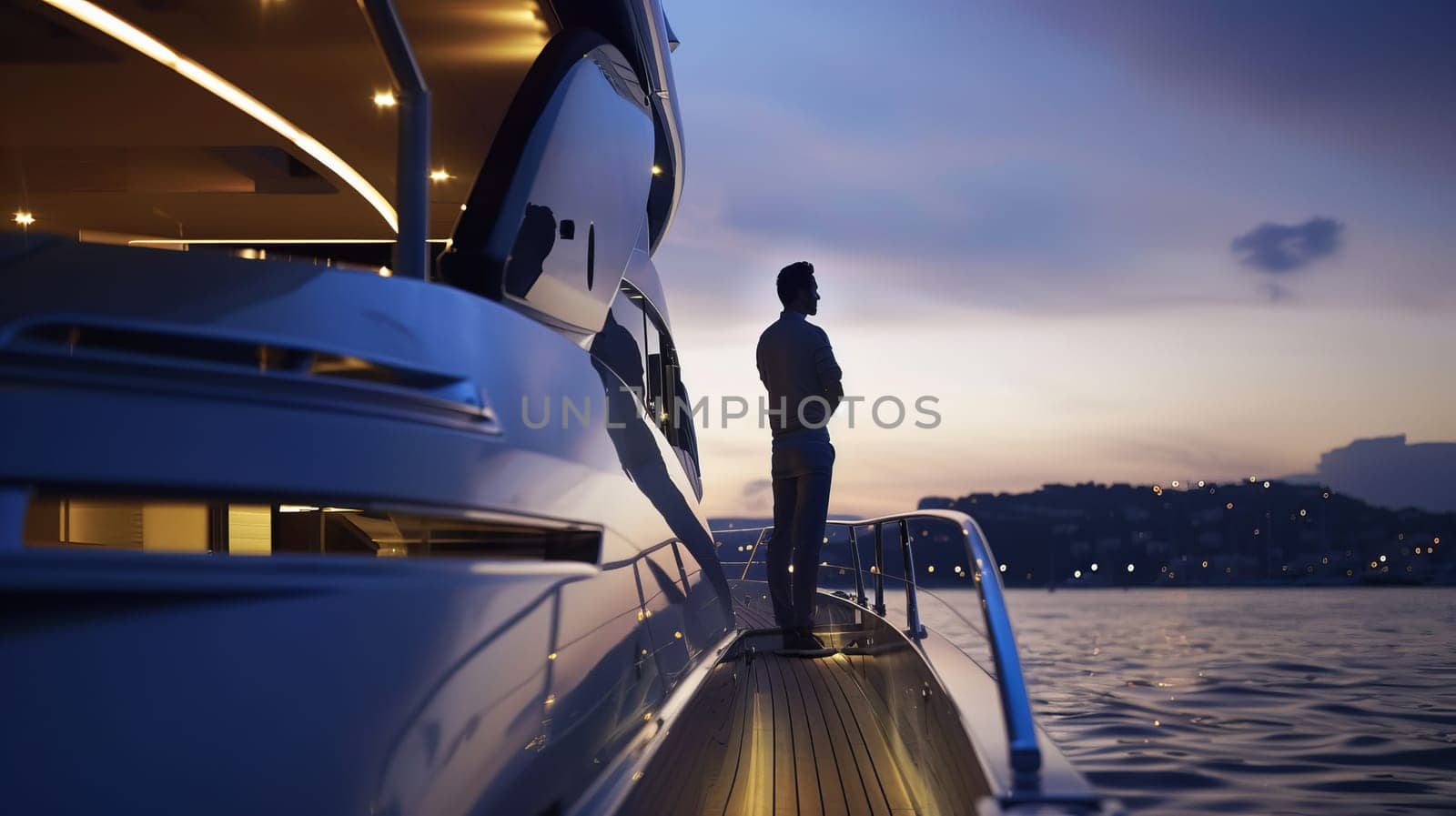 Caucasian male adult stands on luxury yacht at sunset overlooking ocean horizon.