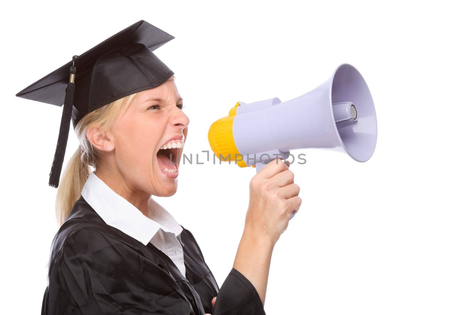 University graduate with megaphone