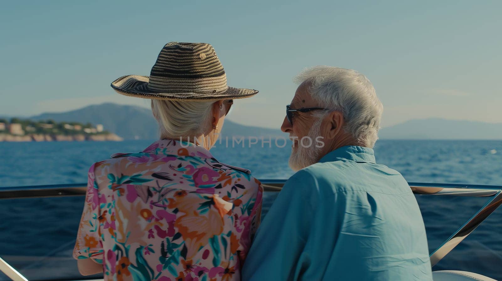 Elderly caucasian couple enjoys scenic ocean view on a boat ride.