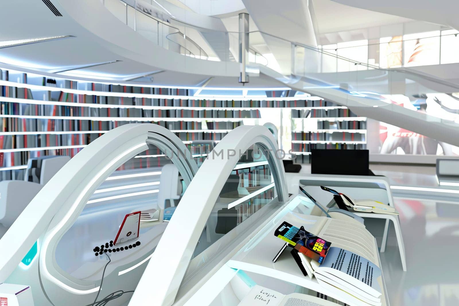 Futuristic library with modern architecture and innovative design.