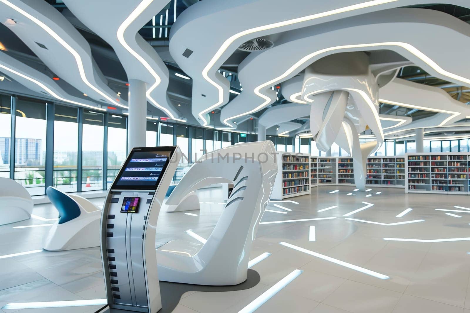 Futuristic library interior with digital kiosk and modern architecture