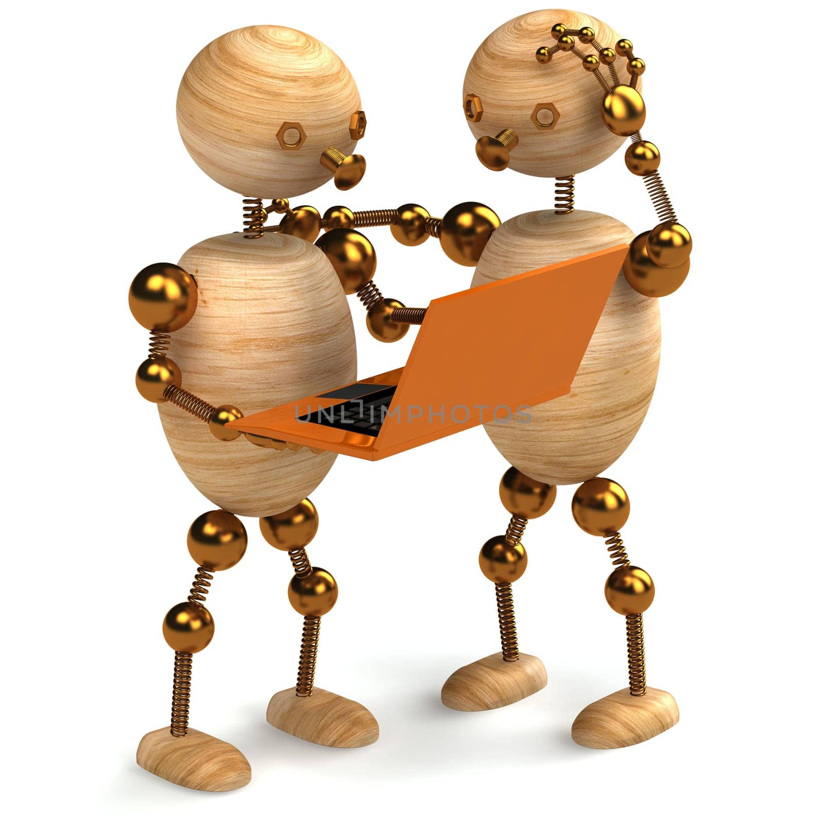 wood man with orange laptop