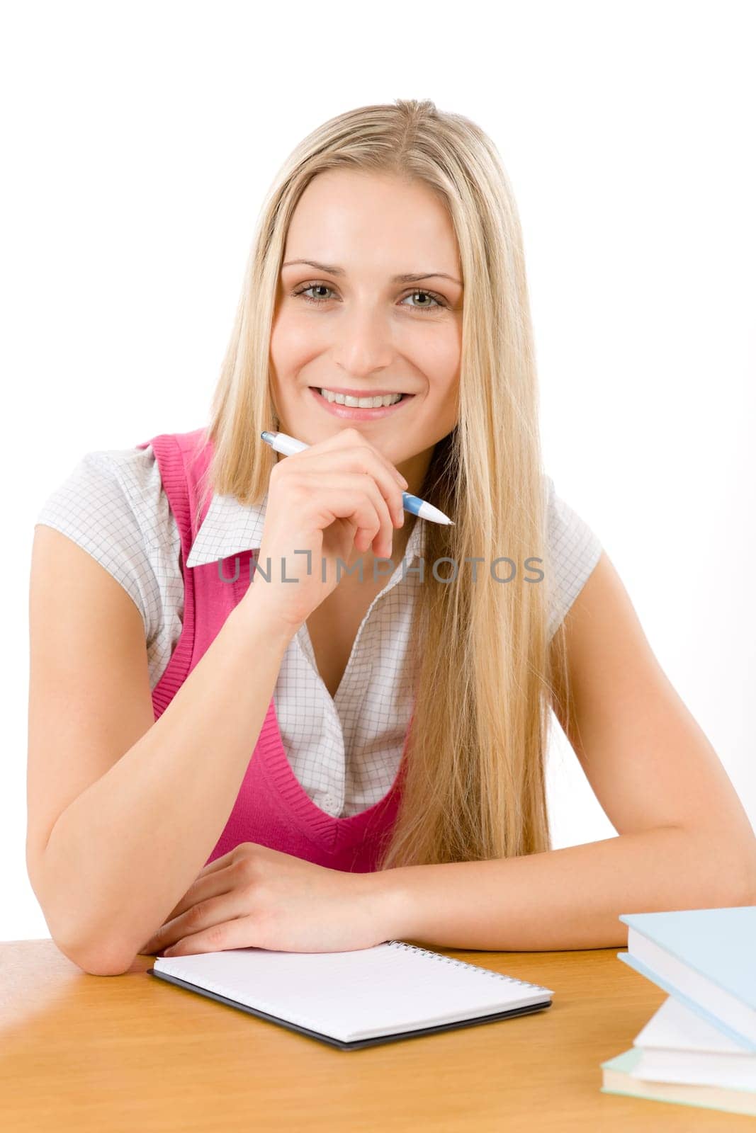 Happy student woman write homework