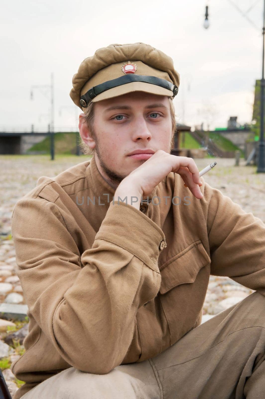Retro style picture with resting soldier
