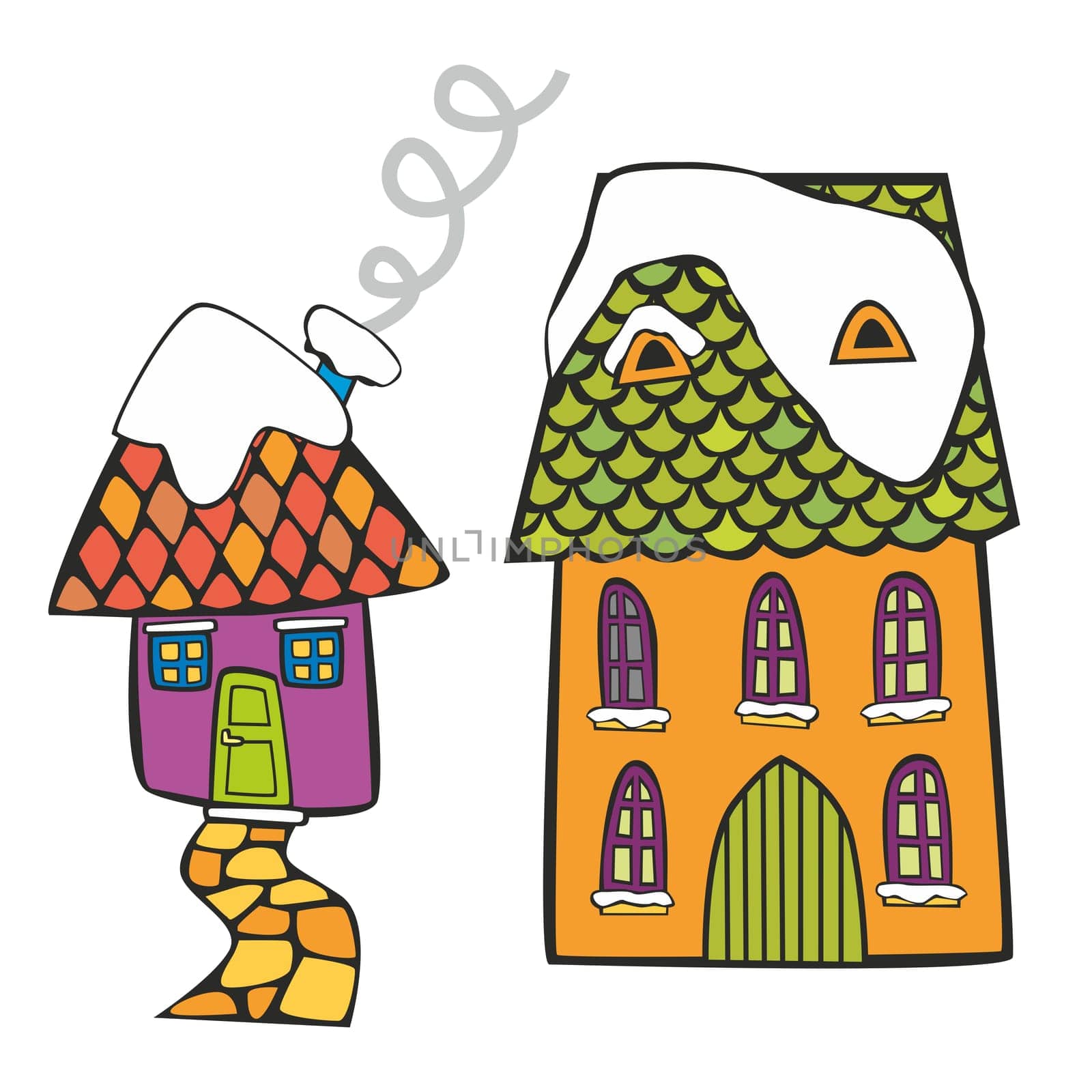 colored houses on winter time