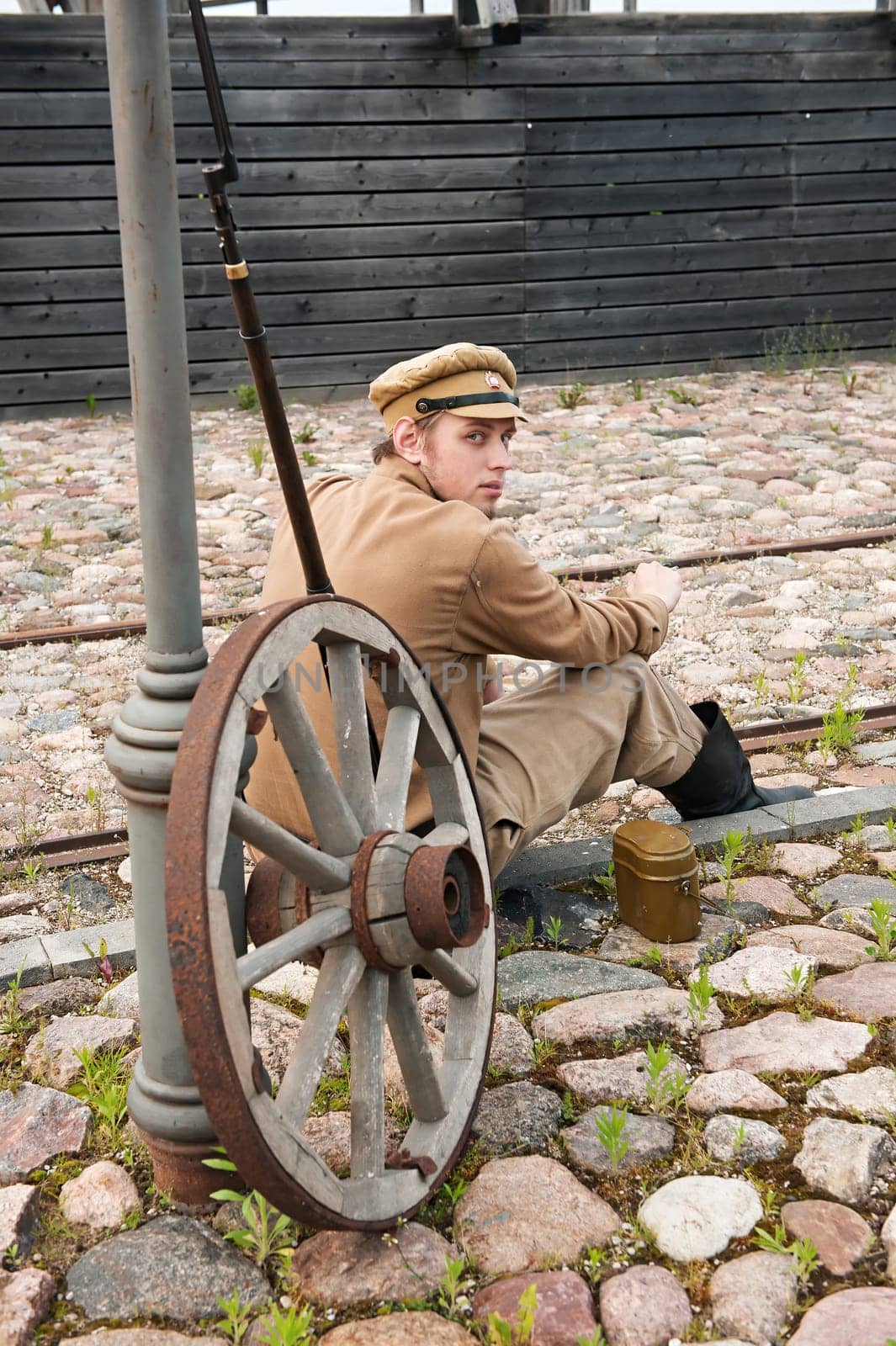 Retro style picture with resting soldier