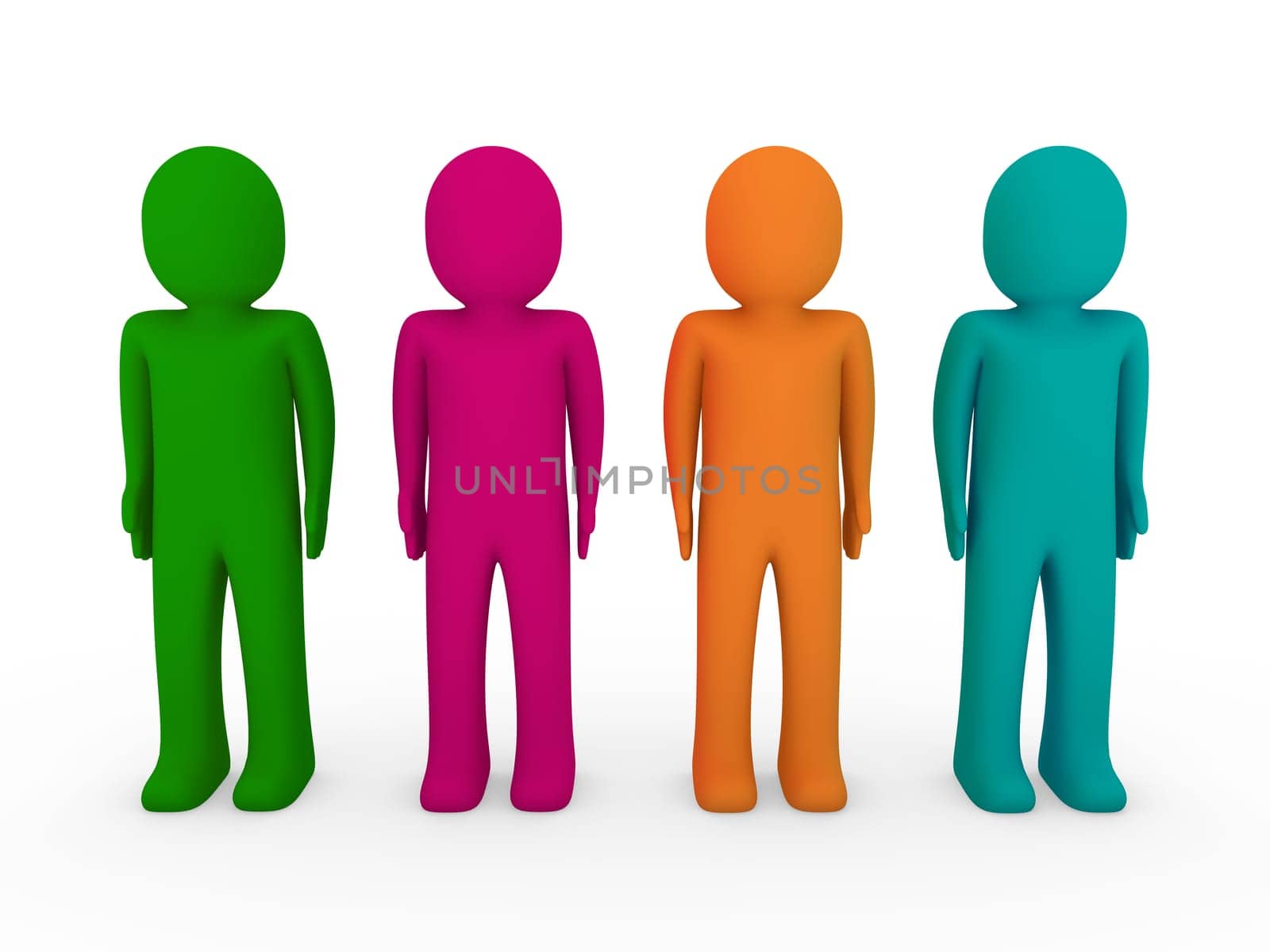 3d human team green pink orange turquoise