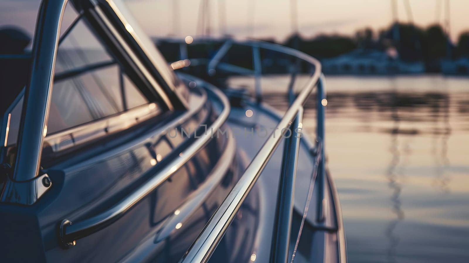 Gleaming yacht railings reflecting sunset on calm marina waters.