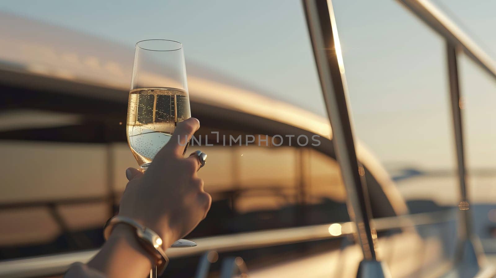 Close-up of hand holding champagne glass on luxurious yacht at sunset.