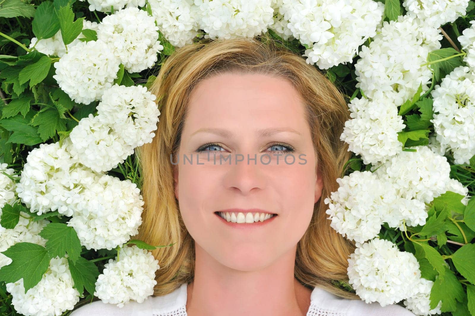 Young woman laying in flowers - snowballs