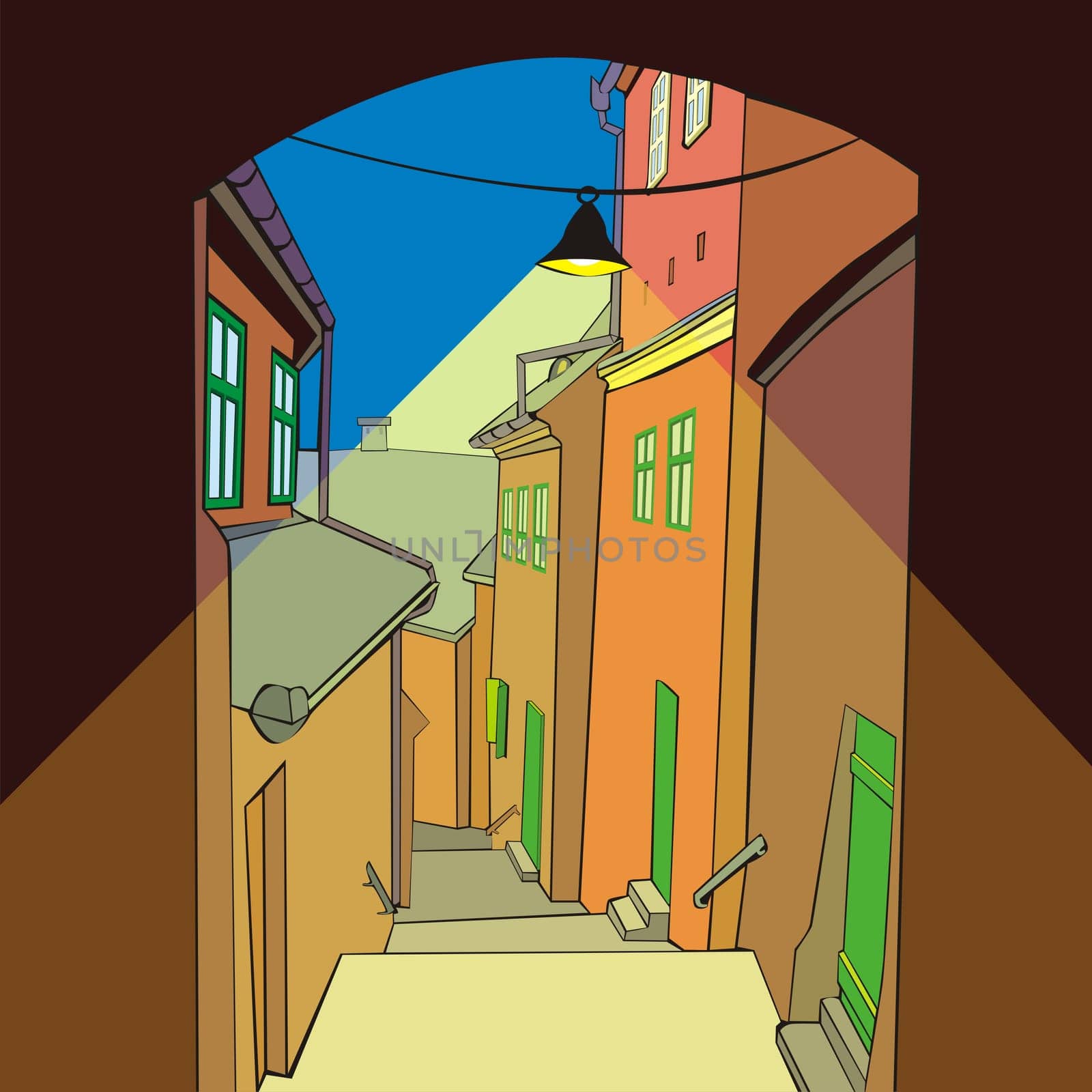 illustration of an old town by night