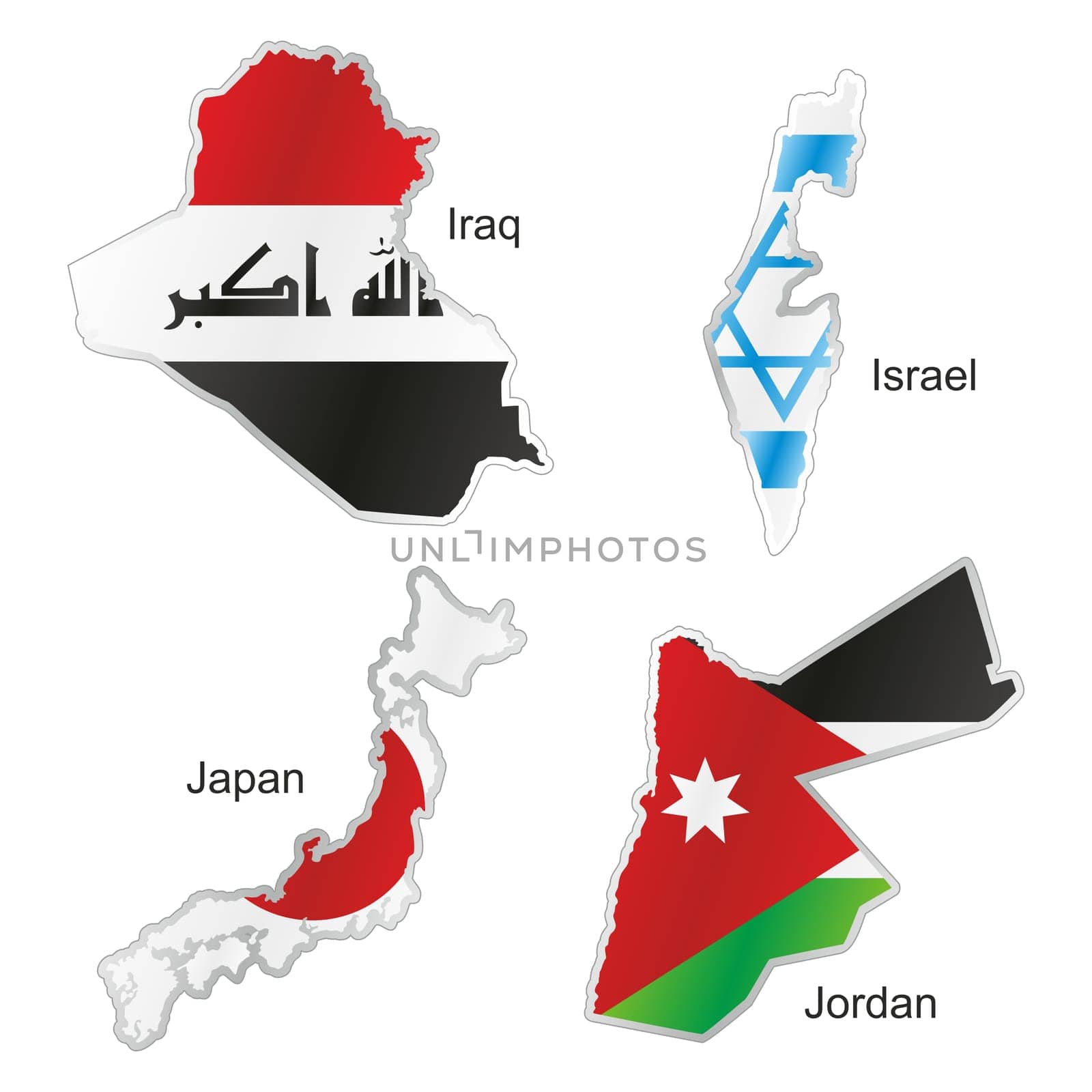 isolated asian flags in map shape