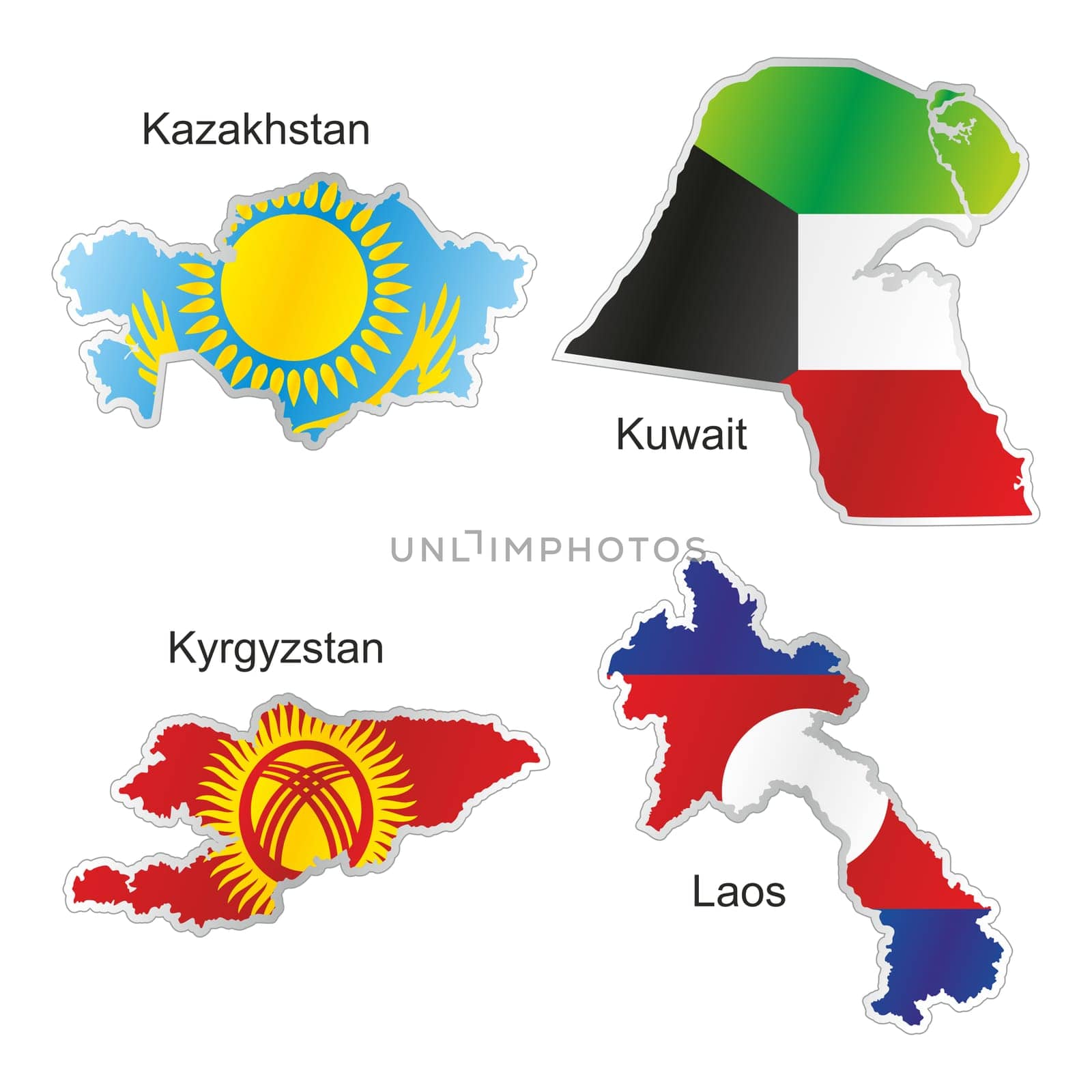 isolated asian flags in map shape
