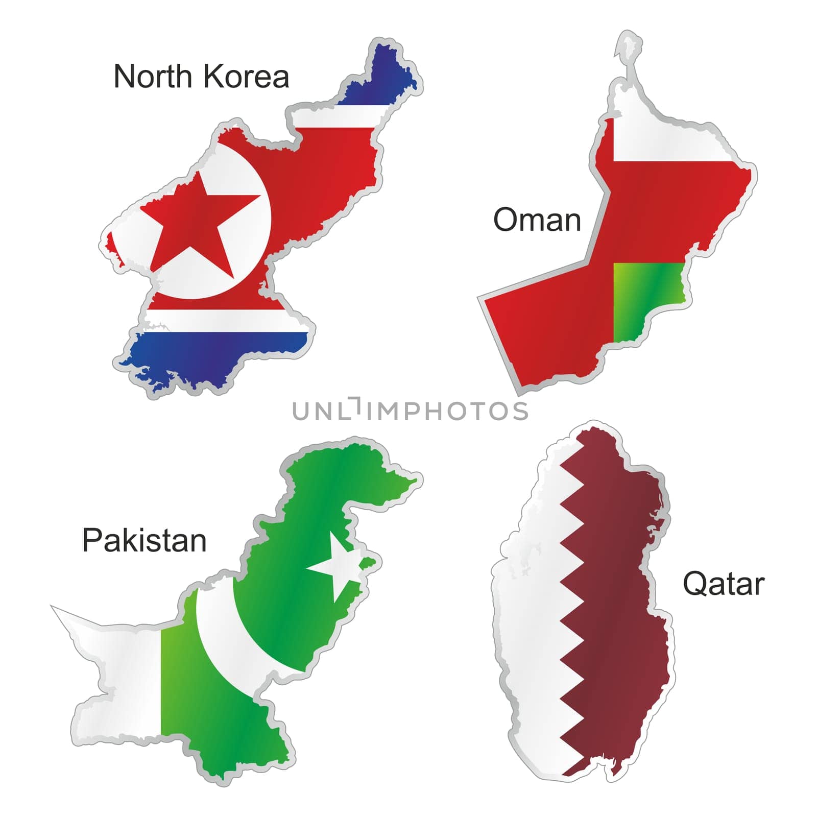 isolated asian flags in map shape