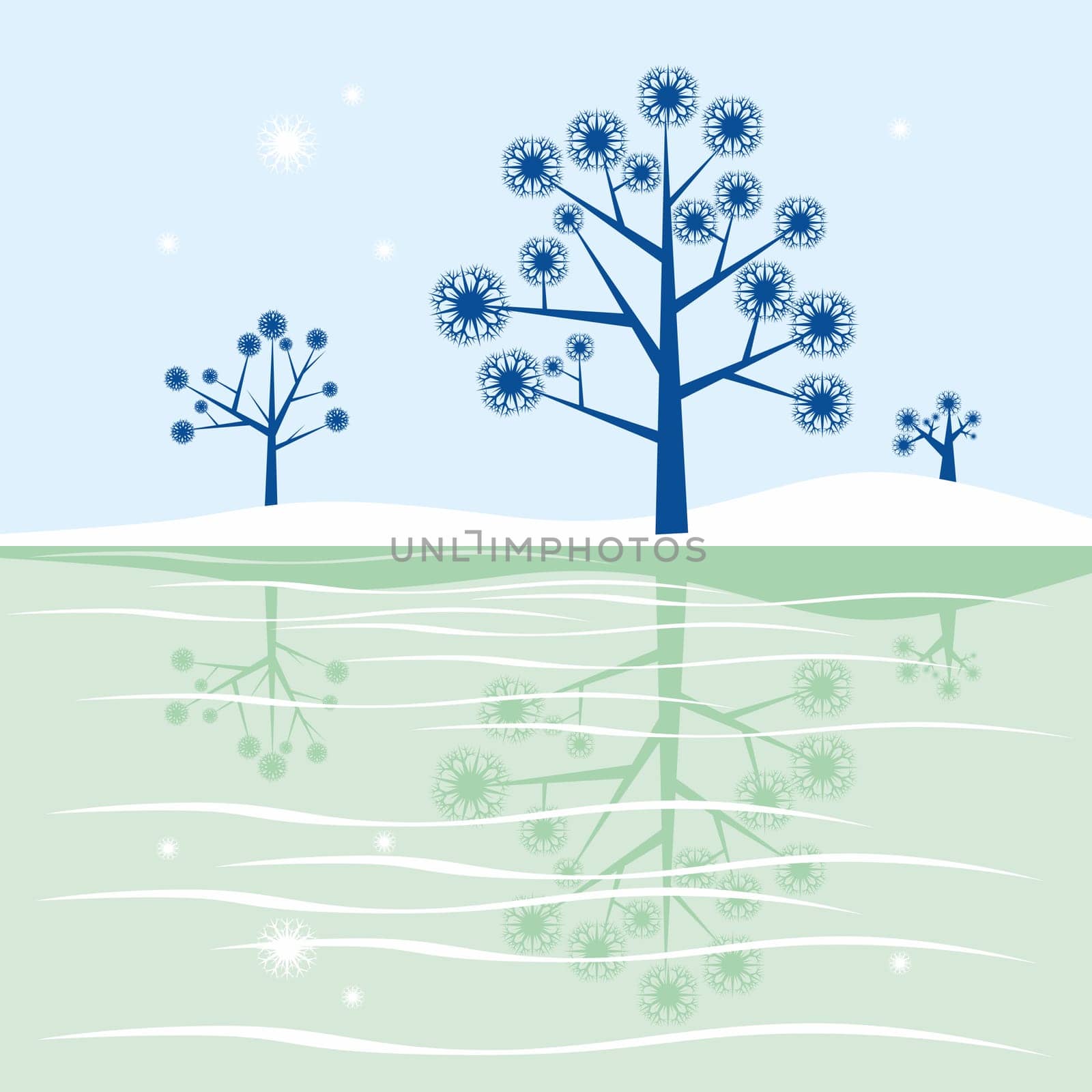 trees reflecting in frozen lake