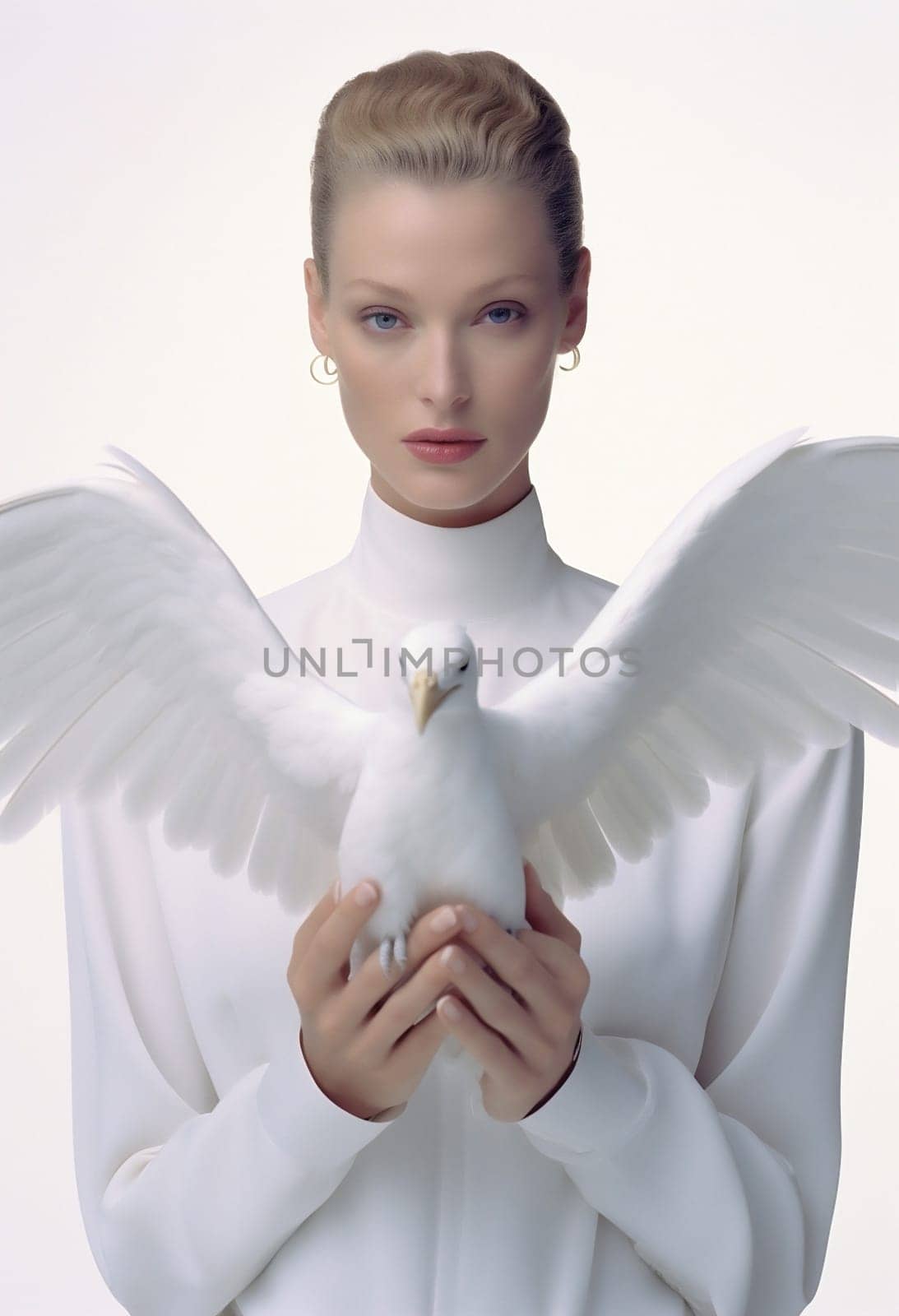 Woman animal fashion young one wings person angel white cute feather portrait beauty bird female lady pigeon dove purity heaven attractive