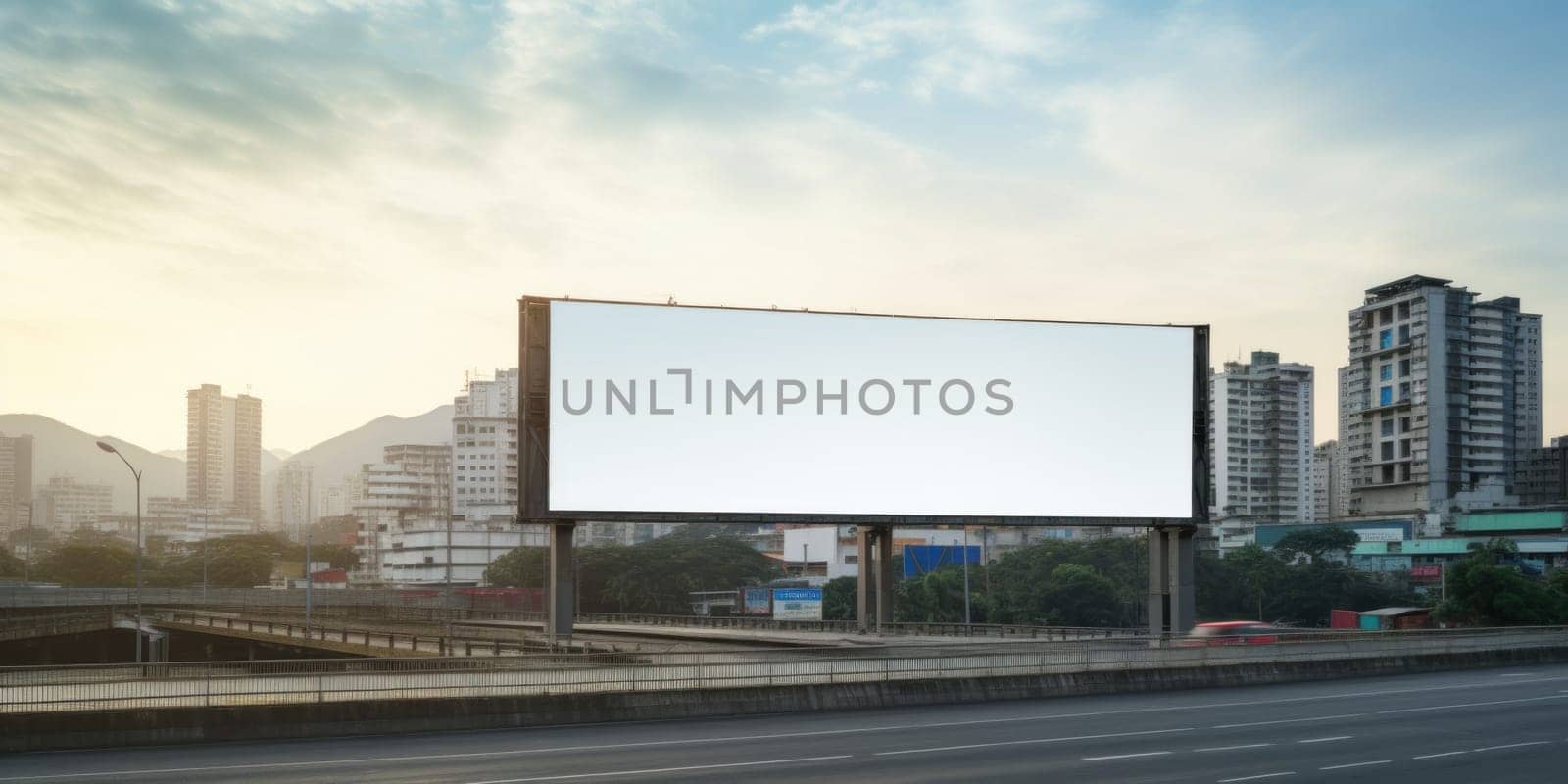 Empty white billboard signage advertising signs on the side of highway. Mockup advertisement concept. Generative ai.