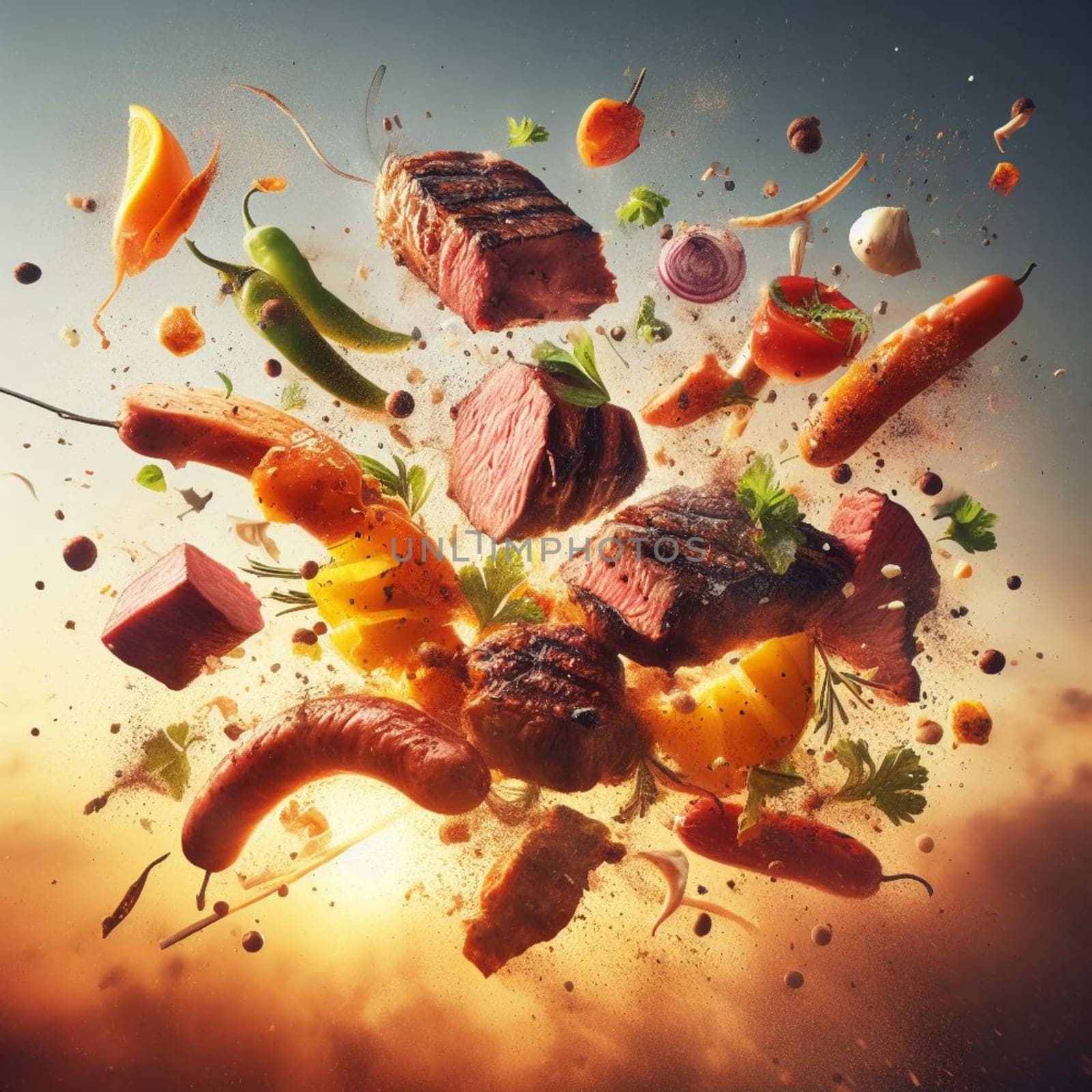 meat barbacue flying pieces of meat and veggies , splahing sauces, sunset golden light by verbano