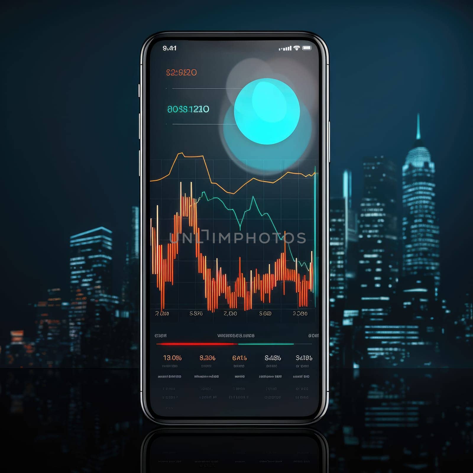 Business finance and stock market chart with flat line ar interface, ux ui. Generative AI.