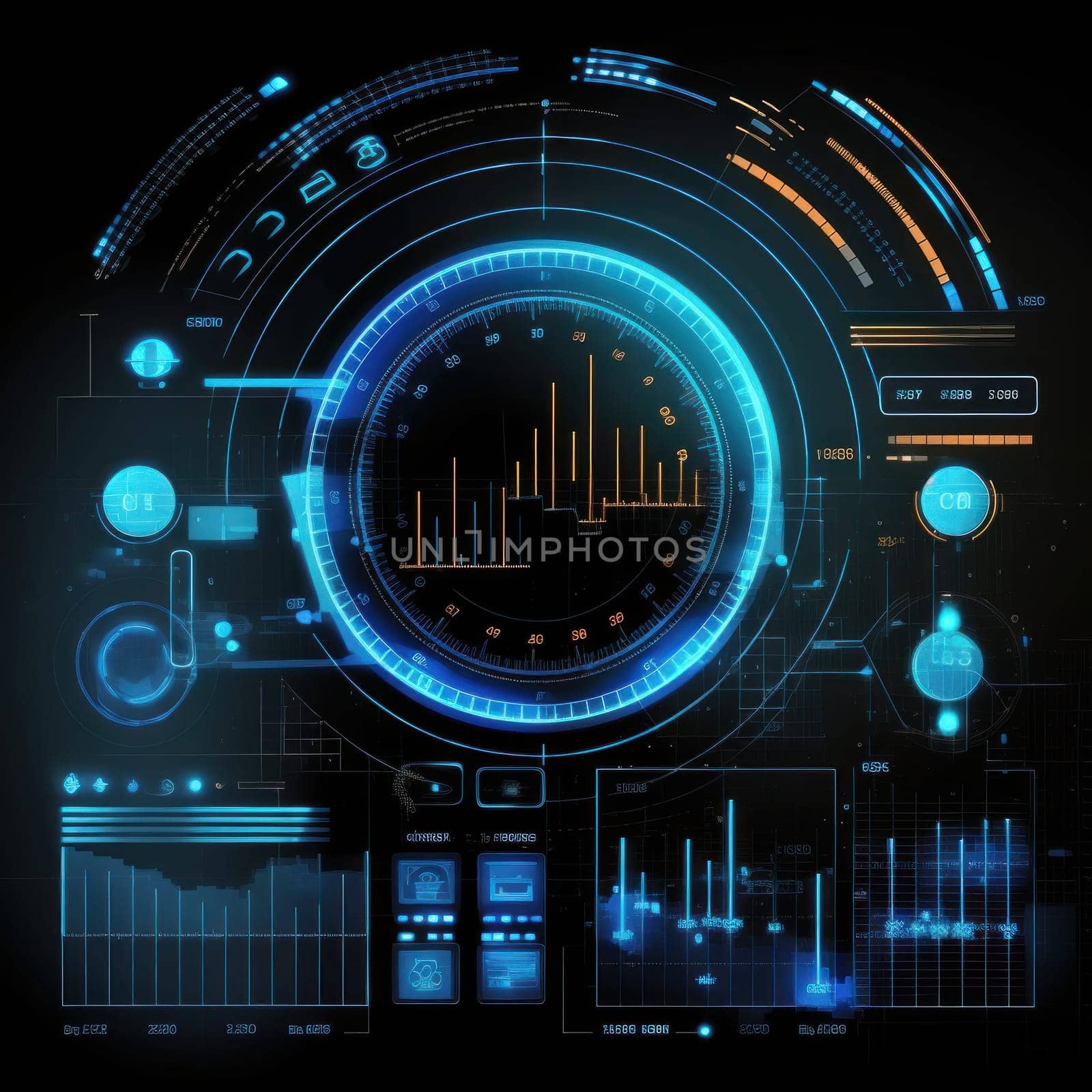 Abstract of glowing futuristic in virtual head up cyber interface concept. Background futuristic innovation of neon in back background. generative AI by nateemee