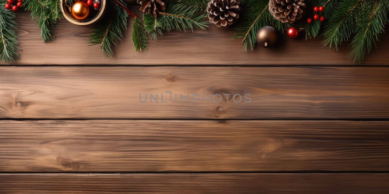 Top view of wooden desk decorate with christmas theme. Generative AI by itchaznong